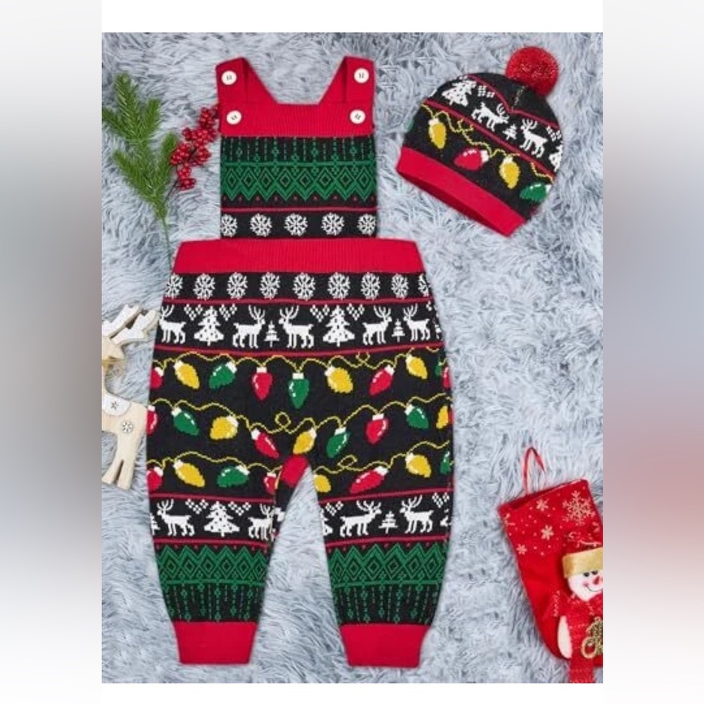 Baby Christmas 2 PC Ugly Sweater Romper Set Shoulder Button Adjustment Jumpsuit
